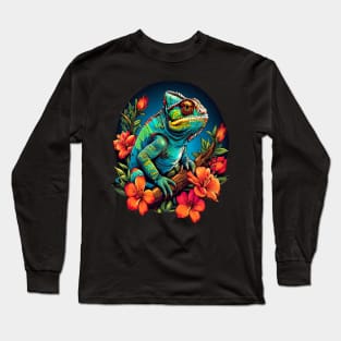 Chameleon Surrounded by Vibrant Spring Flowers Long Sleeve T-Shirt